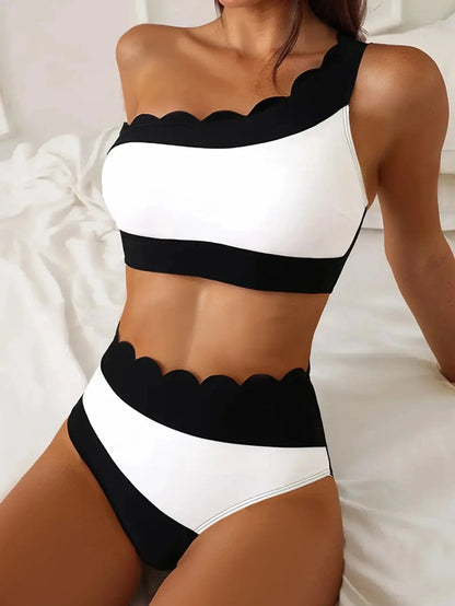 Sexy Black White Patchwork Bikini Women Ruffles One Shoulder Push Up High Waist Swimsuit Summer Bathing Suit Vacation Swimwear - A-1 Thread Vault