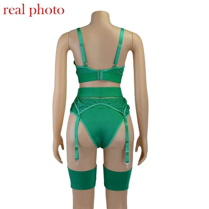 Sexy Bra Green Lingerie For Woman Erotic Underwear Set Lace Bandage Bralette Set Sexy Push up Lenceria 3 Piece Set - A-1 Thread Vault