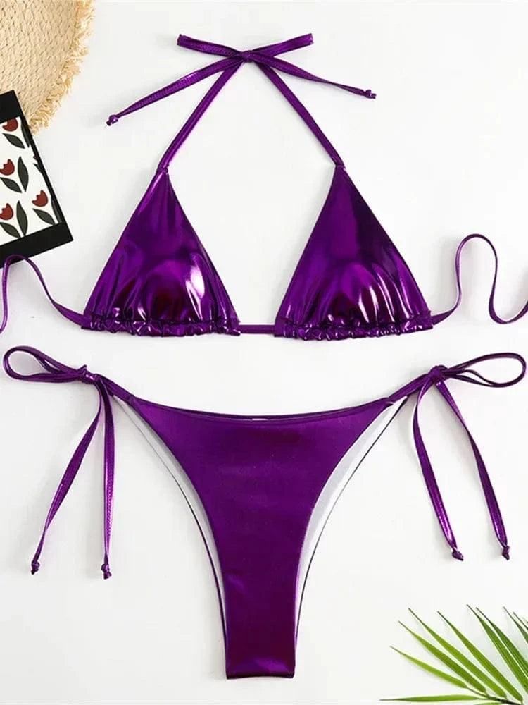Sexy Brozing Gold Bikinis Sets Women Push Up Micro Bikini Swimsuit 2025 Brazilian Beach Bathing Suit Tie Side Triangle Swimwear - A-1 Thread Vault
