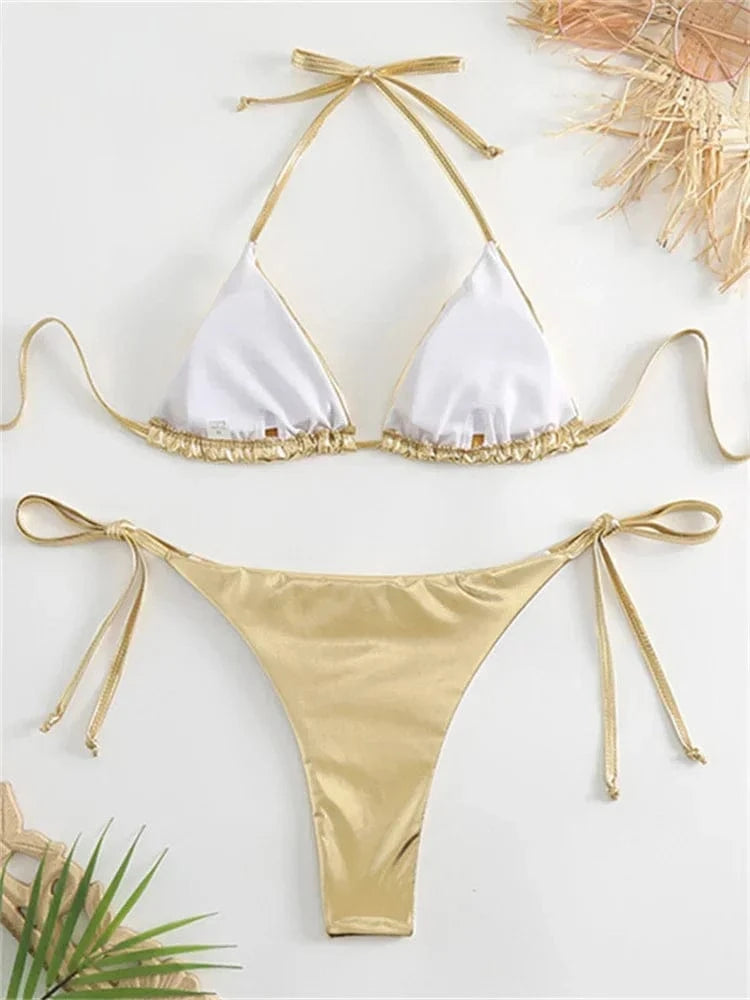 Sexy Brozing Gold Bikinis Sets Women Push Up Micro Bikini Swimsuit 2025 Brazilian Beach Bathing Suit Tie Side Triangle Swimwear - A-1 Thread Vault