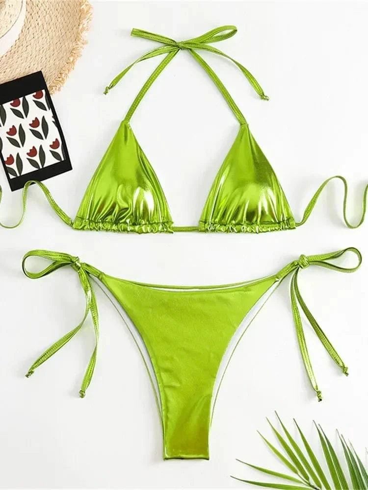 Sexy Brozing Gold Bikinis Sets Women Push Up Micro Bikini Swimsuit 2025 Brazilian Beach Bathing Suit Tie Side Triangle Swimwear - A-1 Thread Vault