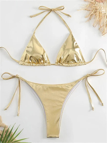 Sexy Brozing Gold Bikinis Sets Women Push Up Micro Bikini Swimsuit 2025 Brazilian Beach Bathing Suit Tie Side Triangle Swimwear - A-1 Thread Vault