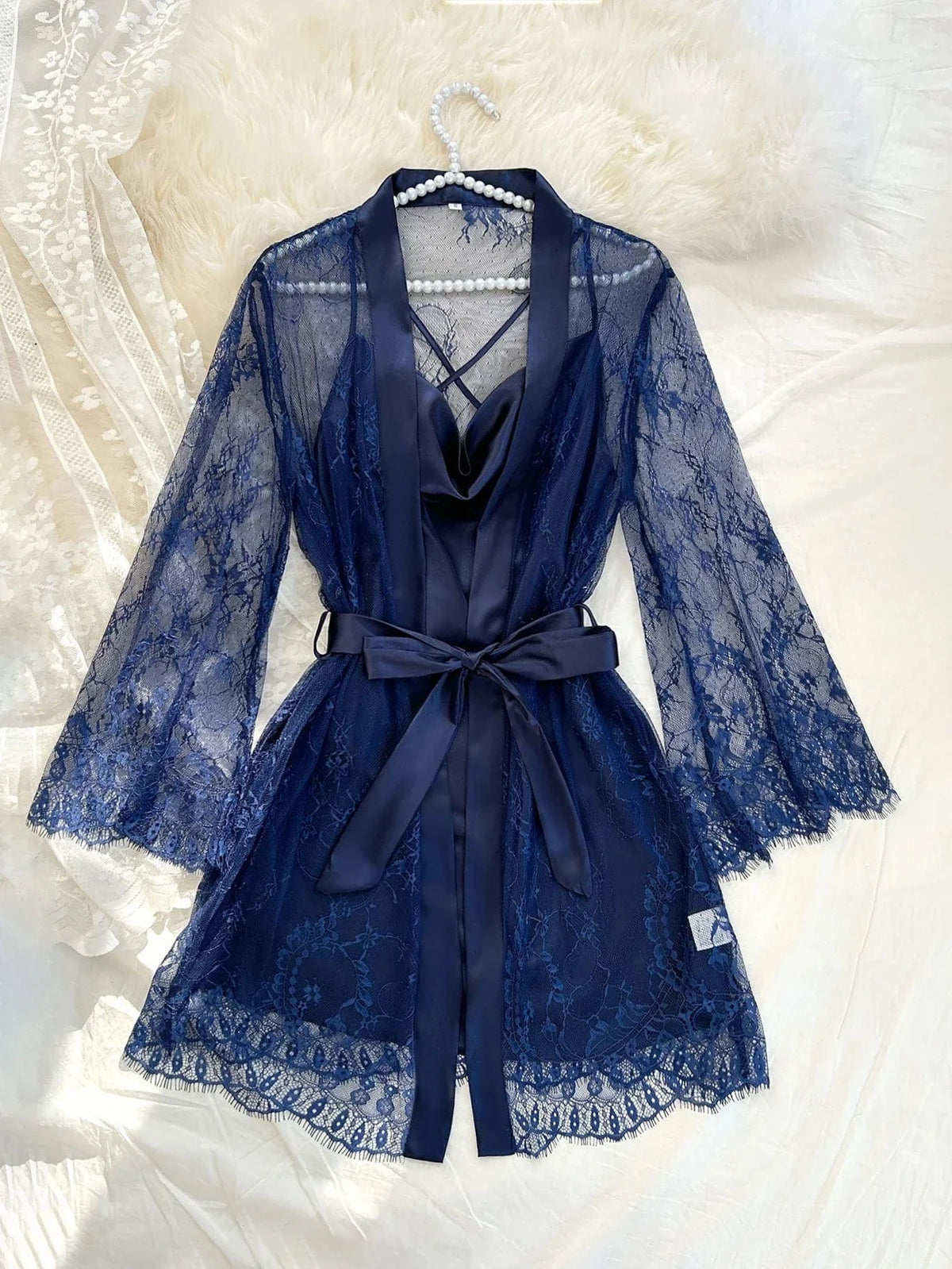 Sexy Elegant Pure Color Mesh Nightgown Set Transparent Lace Robe Sleepwear Casual Comfortable Women's pajamas - A-1 Thread Vault