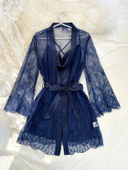 Sexy Elegant Pure Color Mesh Nightgown Set Transparent Lace Robe Sleepwear Casual Comfortable Women's pajamas - A-1 Thread Vault