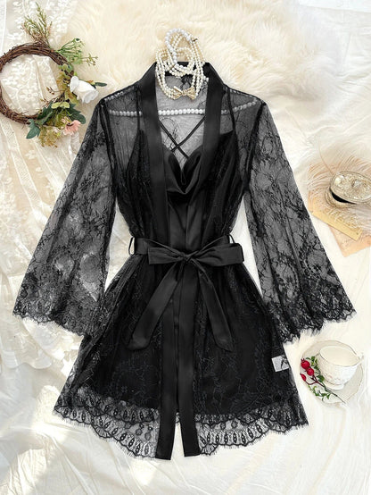 Sexy Elegant Pure Color Mesh Nightgown Set Transparent Lace Robe Sleepwear Casual Comfortable Women's pajamas - A-1 Thread Vault