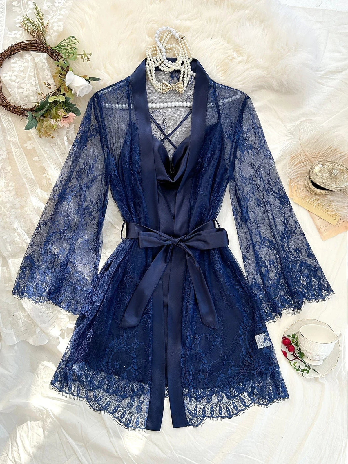 Sexy Elegant Pure Color Mesh Nightgown Set Transparent Lace Robe Sleepwear Casual Comfortable Women's pajamas - A-1 Thread Vault