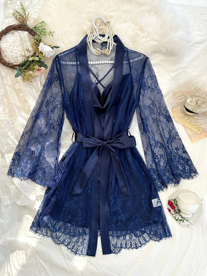 Sexy Elegant Pure Color Mesh Nightgown Set Transparent Lace Robe Sleepwear Casual Comfortable Women's pajamas - A-1 Thread Vault