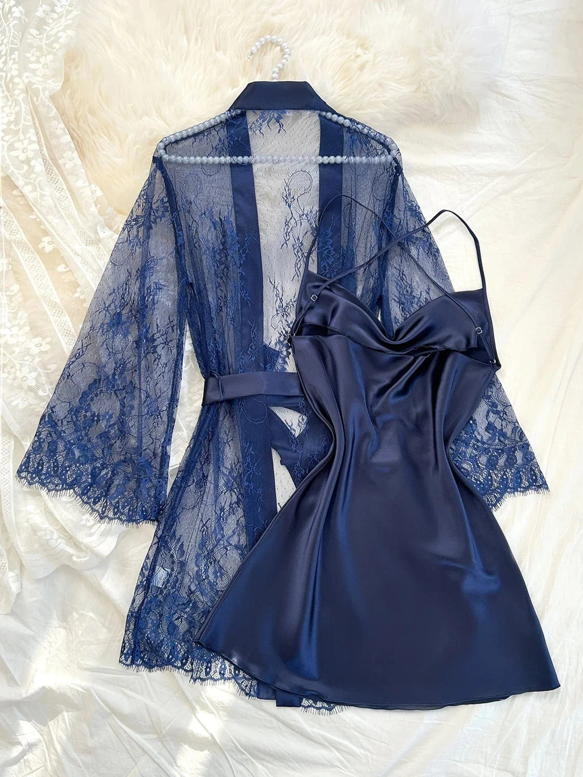 Sexy Elegant Pure Color Mesh Nightgown Set Transparent Lace Robe Sleepwear Casual Comfortable Women's pajamas - A-1 Thread Vault