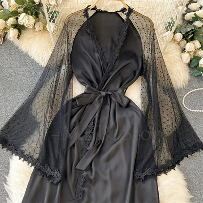 Sexy Embroider Edge Lady Kimono Bathrobe Dress Gown Mesh Sleeve Wedding Long Robe Sleepwear Loose Silk Satin Nightwear Lingerie - A-1 Thread Vault