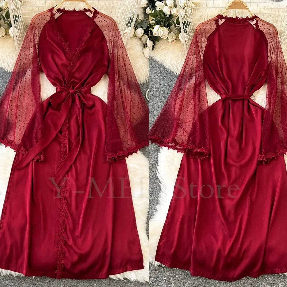 Sexy Embroider Edge Lady Kimono Bathrobe Dress Gown Mesh Sleeve Wedding Long Robe Sleepwear Loose Silk Satin Nightwear Lingerie - A-1 Thread Vault