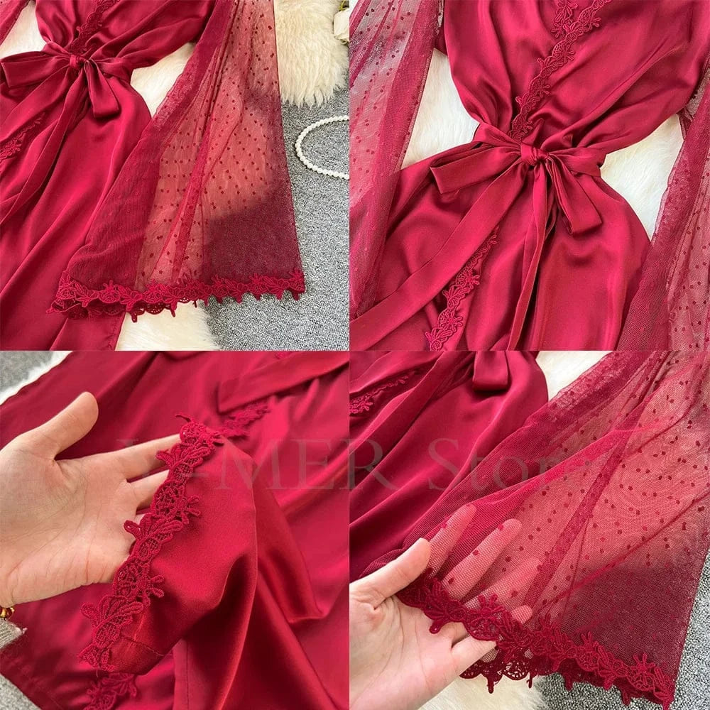 Sexy Embroider Edge Lady Kimono Bathrobe Dress Gown Mesh Sleeve Wedding Long Robe Sleepwear Loose Silk Satin Nightwear Lingerie - A-1 Thread Vault