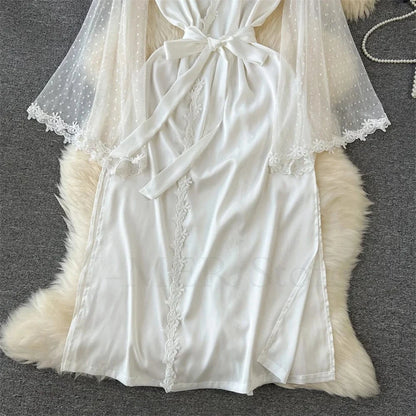 Sexy Embroider Edge Lady Kimono Bathrobe Dress Gown Mesh Sleeve Wedding Long Robe Sleepwear Loose Silk Satin Nightwear Lingerie - A-1 Thread Vault