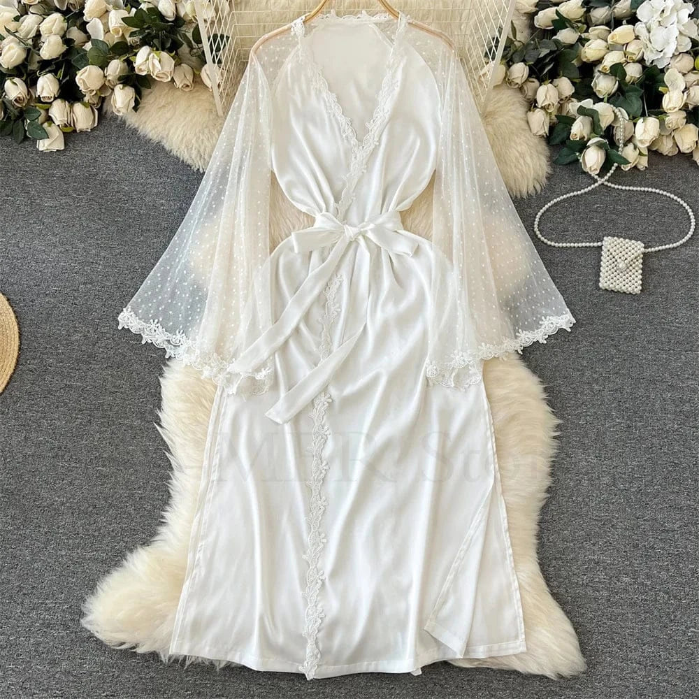 Sexy Embroider Edge Lady Kimono Bathrobe Dress Gown Mesh Sleeve Wedding Long Robe Sleepwear Loose Silk Satin Nightwear Lingerie - A-1 Thread Vault