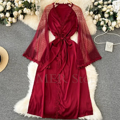 Sexy Embroider Edge Lady Kimono Bathrobe Dress Gown Mesh Sleeve Wedding Long Robe Sleepwear Loose Silk Satin Nightwear Lingerie - A-1 Thread Vault