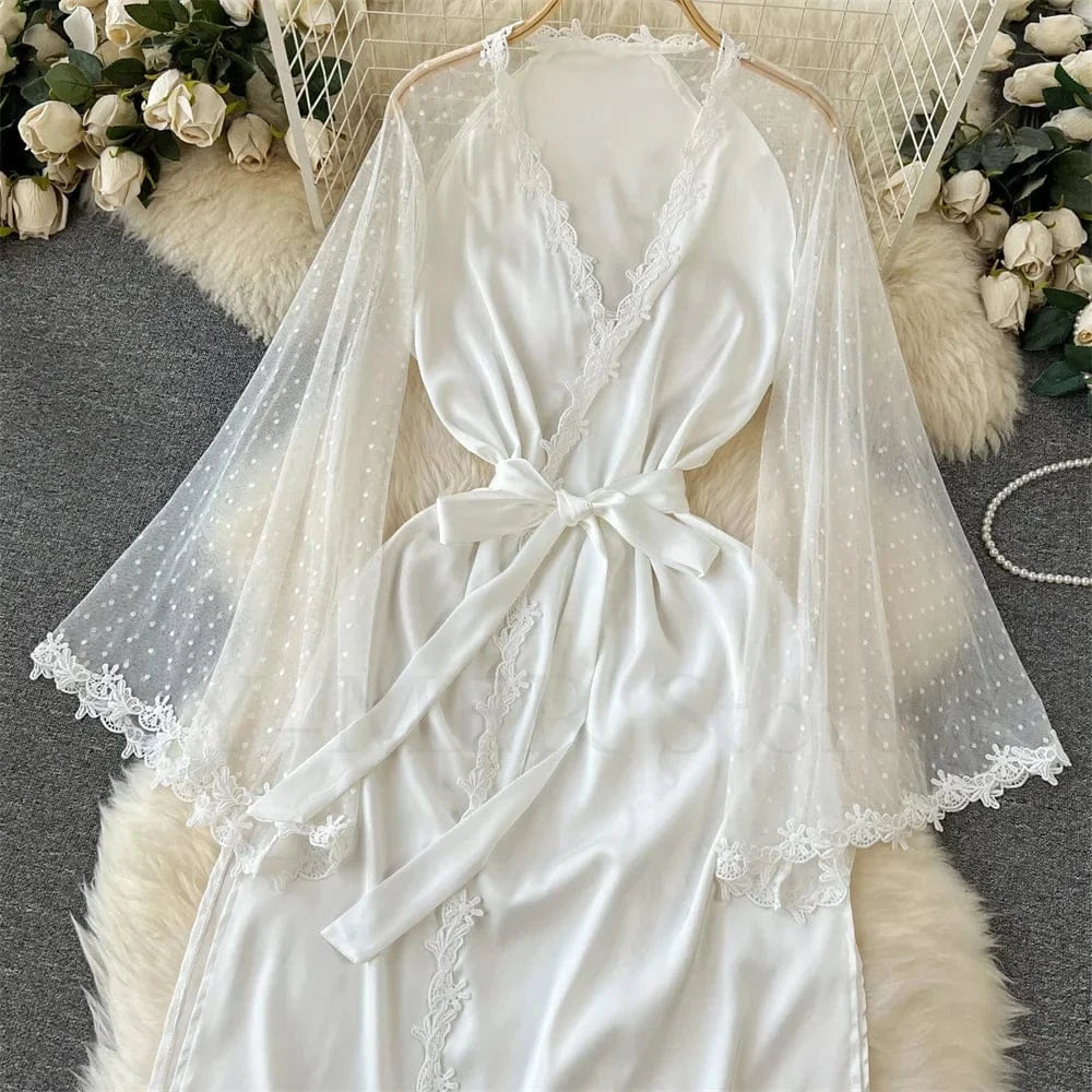 Sexy Embroider Edge Lady Kimono Bathrobe Dress Gown Mesh Sleeve Wedding Long Robe Sleepwear Loose Silk Satin Nightwear Lingerie - A-1 Thread Vault