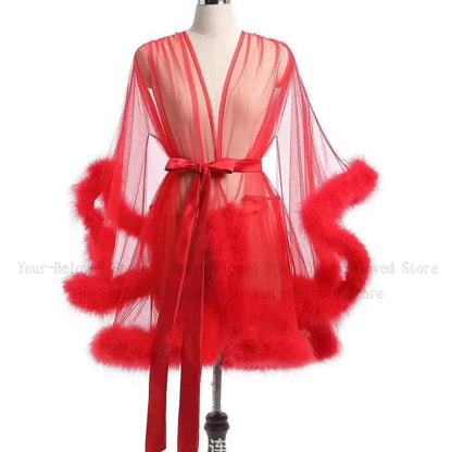 Sexy Feather Robe Seductive Mesh Bathrobe Fashion Long Sleeve Plush Spliced Thin Lingerie Female Underwear Nightgown Sheer Robe - A-1 Thread Vault