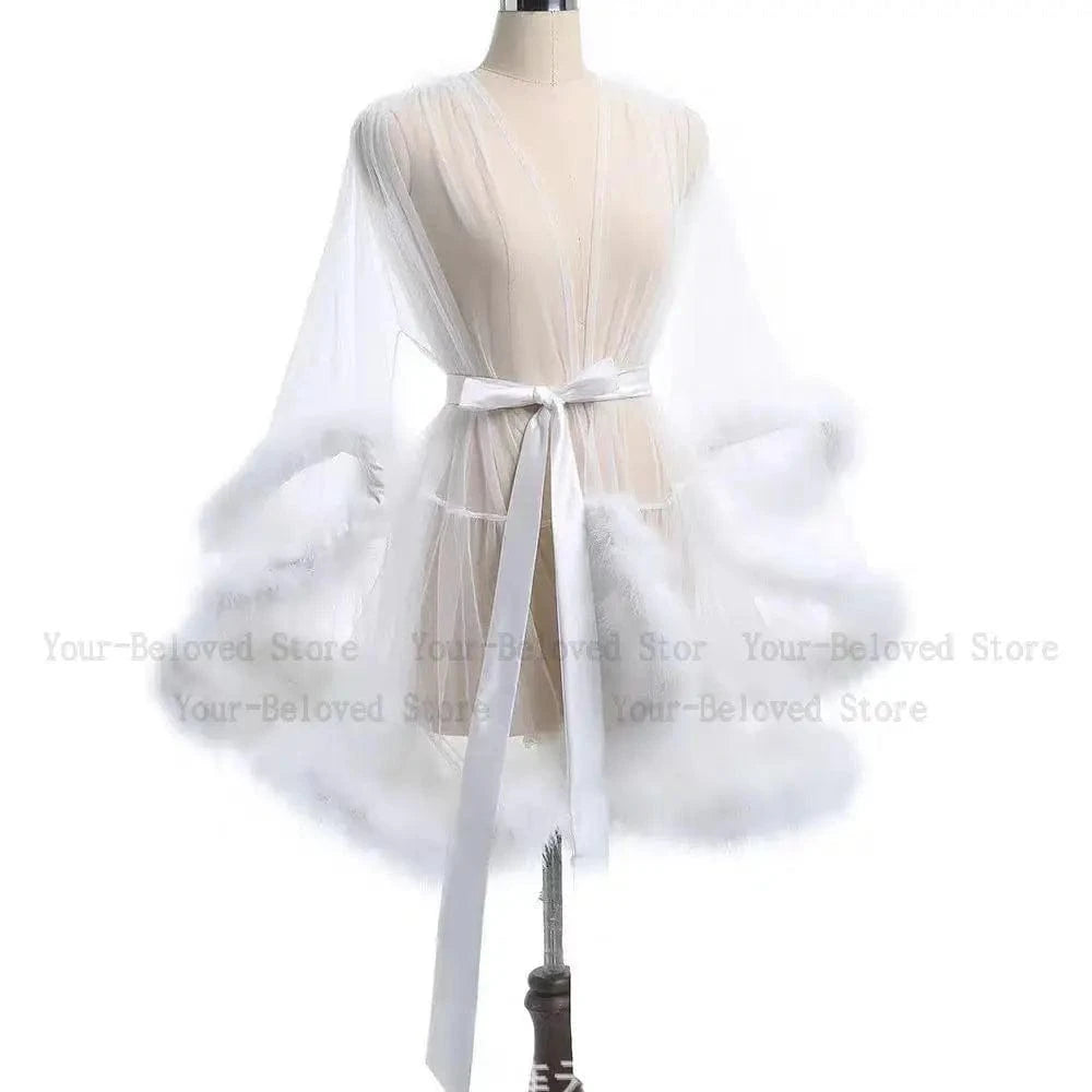 Sexy Feather Robe Seductive Mesh Bathrobe Fashion Long Sleeve Plush Spliced Thin Lingerie Female Underwear Nightgown Sheer Robe - A-1 Thread Vault