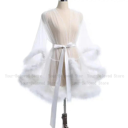Sexy Feather Robe Seductive Mesh Bathrobe Fashion Long Sleeve Plush Spliced Thin Lingerie Female Underwear Nightgown Sheer Robe - A-1 Thread Vault