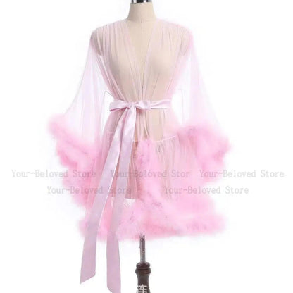Sexy Feather Robe Seductive Mesh Bathrobe Fashion Long Sleeve Plush Spliced Thin Lingerie Female Underwear Nightgown Sheer Robe - A-1 Thread Vault