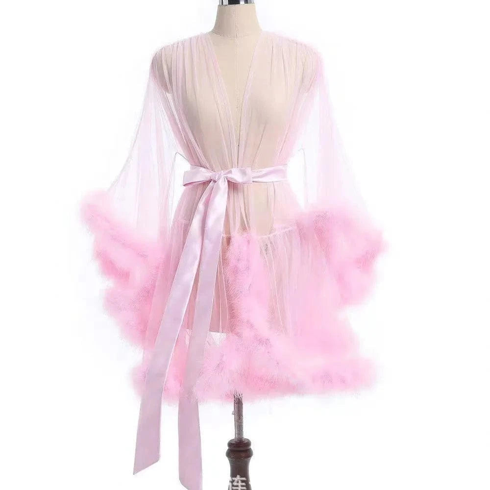 Sexy Feather Robe Seductive Mesh Bathrobe Fashion Long Sleeve Plush Spliced Thin Lingerie Female Underwear Nightgown Sheer Robe - A-1 Thread Vault
