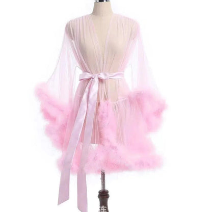 Sexy Feather Robe Seductive Mesh Bathrobe Fashion Long Sleeve Plush Spliced Thin Lingerie Female Underwear Nightgown Sheer Robe - A-1 Thread Vault