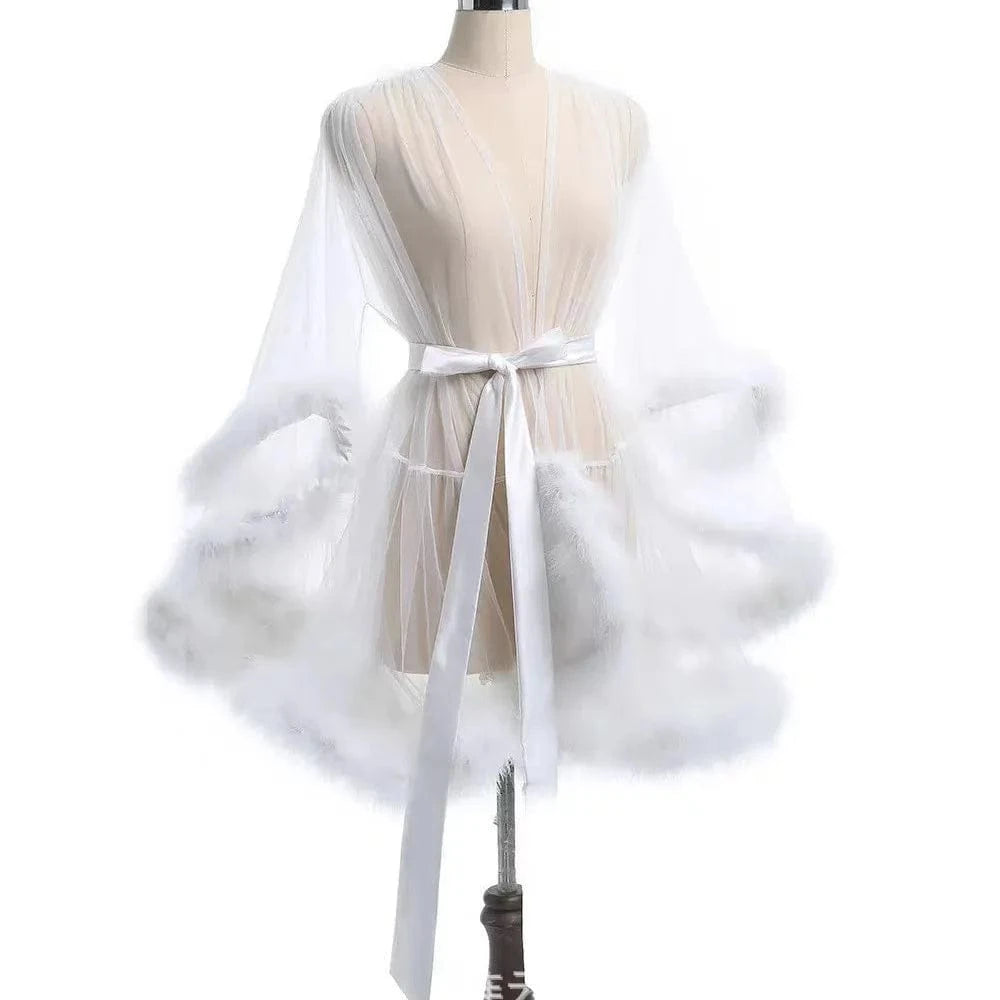 Sexy Feather Robe Seductive Mesh Bathrobe Fashion Long Sleeve Plush Spliced Thin Lingerie Female Underwear Nightgown Sheer Robe - A-1 Thread Vault