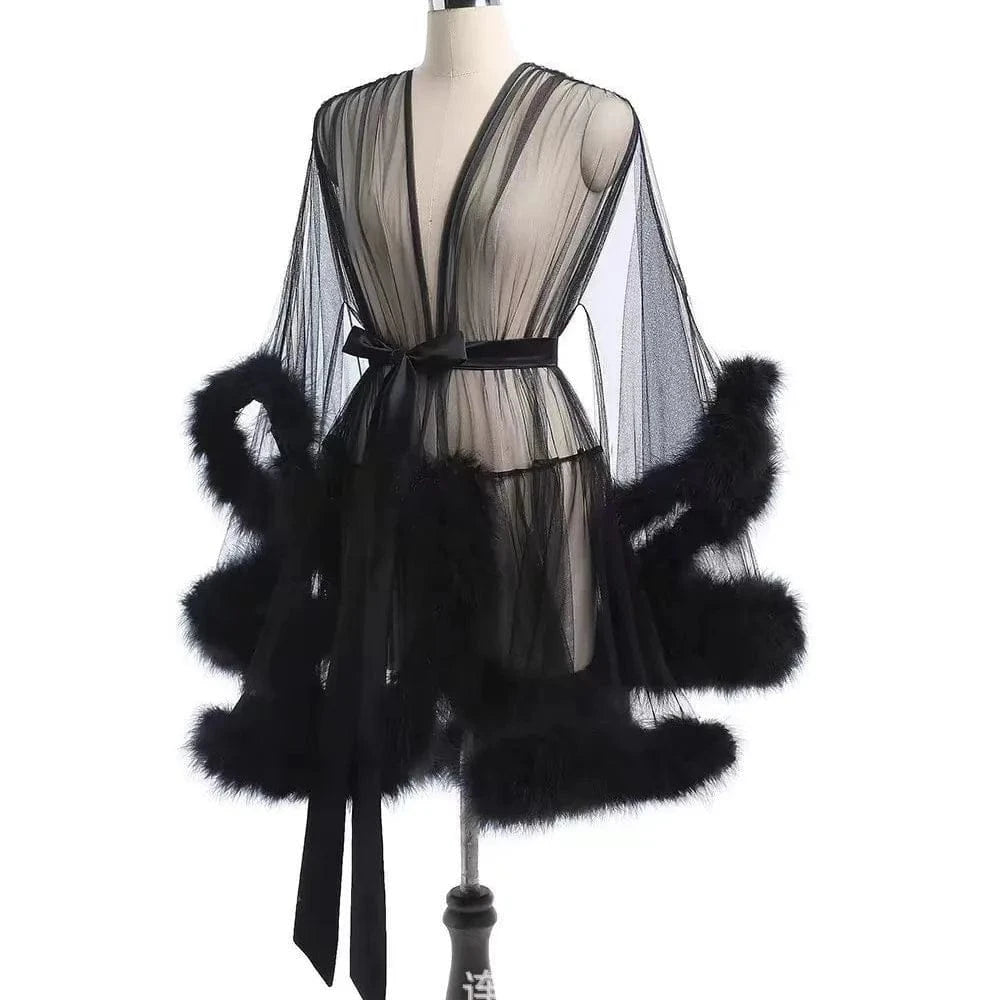 Sexy Feather Robe Seductive Mesh Bathrobe Fashion Long Sleeve Plush Spliced Thin Lingerie Female Underwear Nightgown Sheer Robe - A-1 Thread Vault