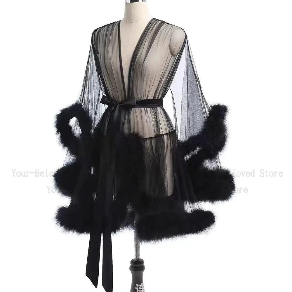 Sexy Feather Robe Seductive Mesh Bathrobe Fashion Long Sleeve Plush Spliced Thin Lingerie Female Underwear Nightgown Sheer Robe - A-1 Thread Vault