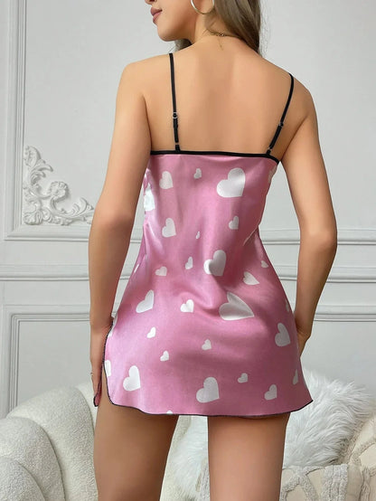 Sexy Heart Print Satin Slip Nightdress V Neck Backless Adjustable Strap Mini Sleep Dress Women's Sleepwear Dresses - A-1 Thread Vault