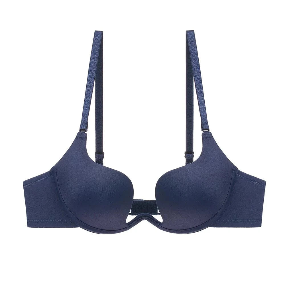 A navy blue push-up bra featuring a deep U-shaped center gore, smooth molded cups, and adjustable shoulder straps against a white background.
