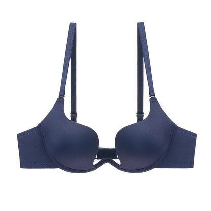 A navy blue push-up bra featuring a deep U-shaped center gore, smooth molded cups, and adjustable shoulder straps against a white background.