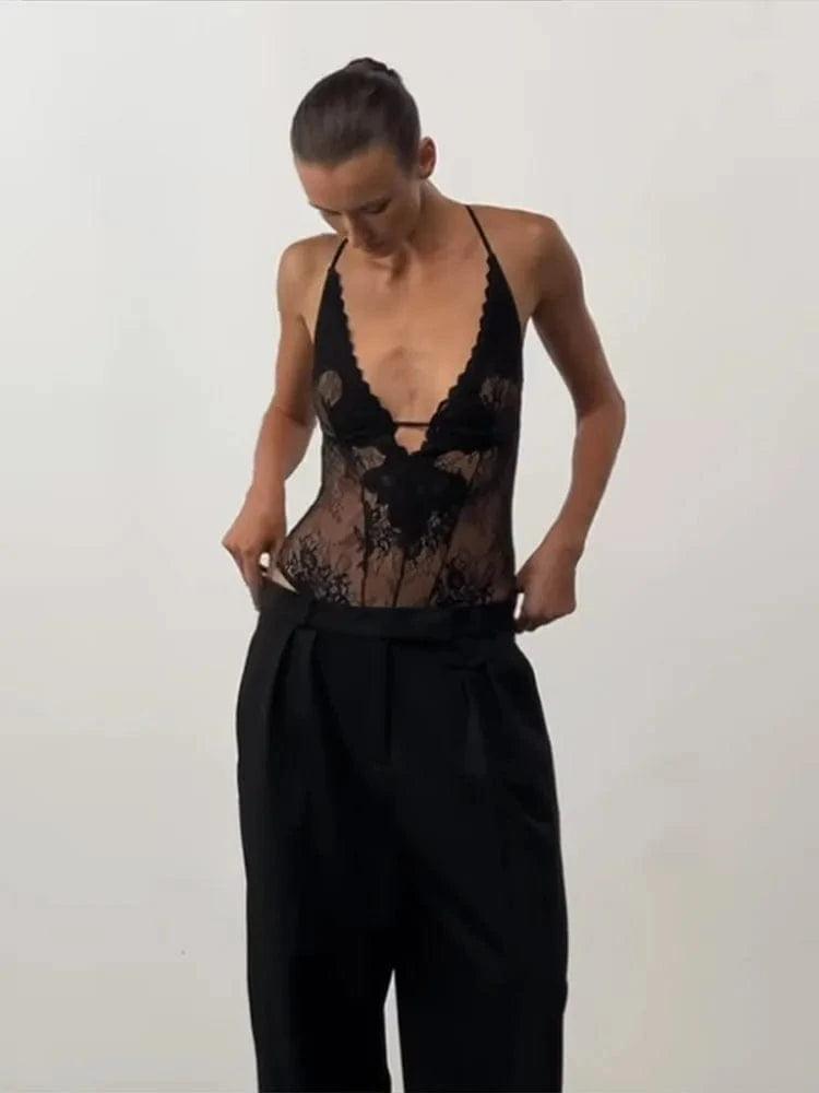 Sexy Lace Halter Bodysuits Women's Slim Sleeveless Waist-cinching Deep V-neck Suits 2026 New Ladies Spring Summer Solid Outwear - A-1 Thread Vault