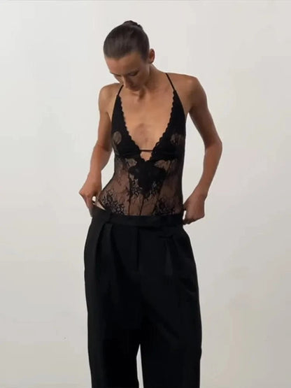 Sexy Lace Halter Bodysuits Women's Slim Sleeveless Waist-cinching Deep V-neck Suits 2026 New Ladies Spring Summer Solid Outwear - A-1 Thread Vault