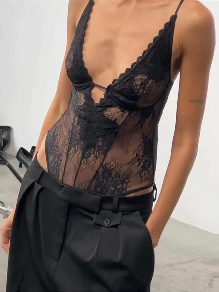Sexy Lace Halter Bodysuits Women's Slim Sleeveless Waist-cinching Deep V-neck Suits 2026 New Ladies Spring Summer Solid Outwear - A-1 Thread Vault