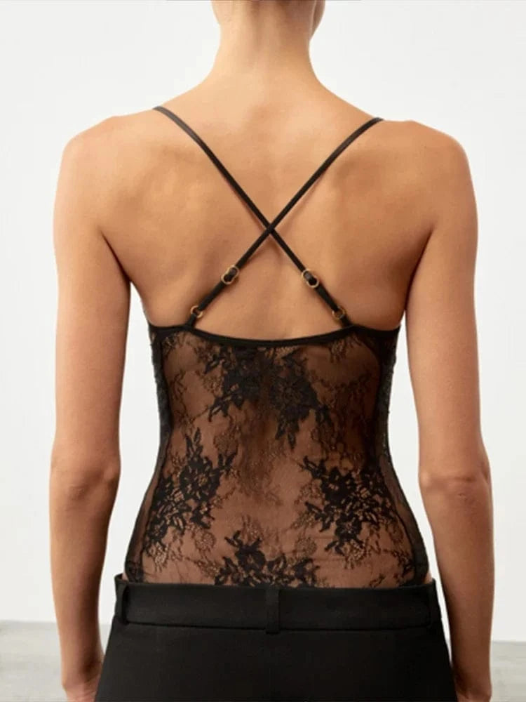 Sexy Lace Halter Bodysuits Women's Slim Sleeveless Waist-cinching Deep V-neck Suits 2026 New Ladies Spring Summer Solid Outwear - A-1 Thread Vault