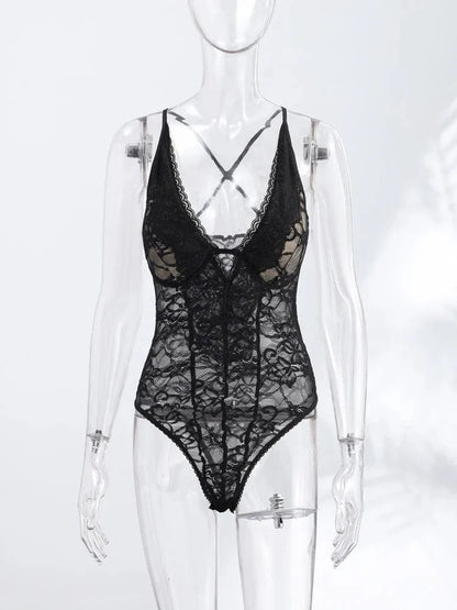 Sexy Lace Halter Bodysuits Women's Slim Sleeveless Waist-cinching Deep V-neck Suits 2026 New Ladies Spring Summer Solid Outwear - A-1 Thread Vault