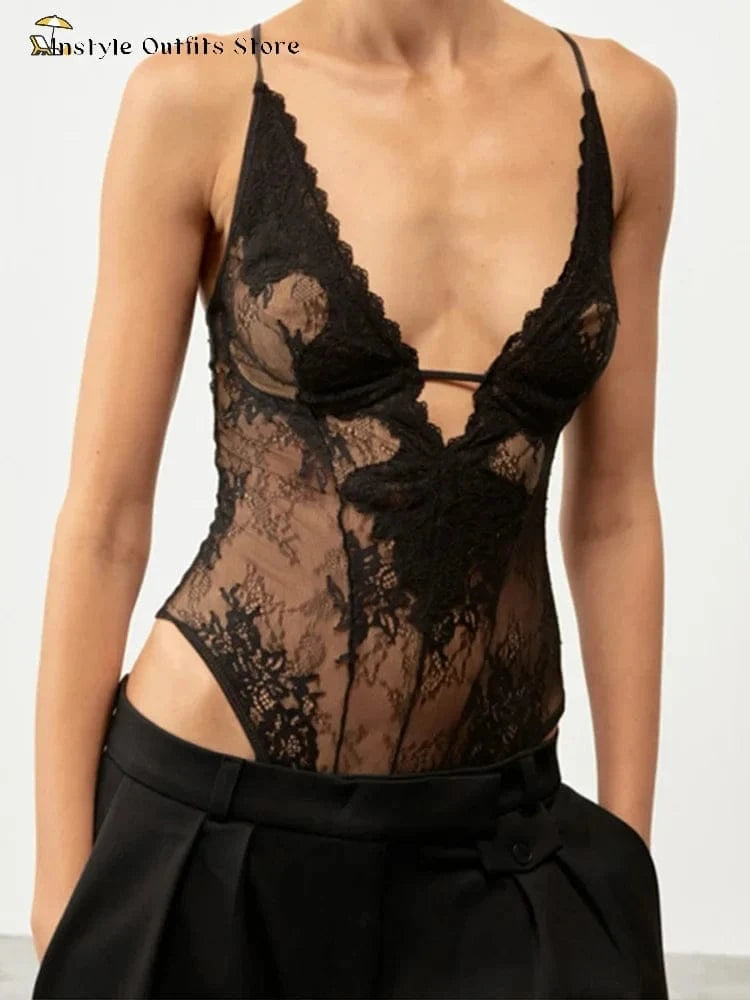 Sexy Lace Halter Bodysuits Women's Slim Sleeveless Waist-cinching Deep V-neck Suits 2026 New Ladies Spring Summer Solid Outwear - A-1 Thread Vault