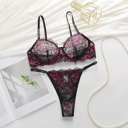 Sexy Lace Underwire Push Up Lingerie Contour Bra And Panty Sets For Women Gathering Chest Underwear Embroidery Bralette Set - A-1 Thread Vault