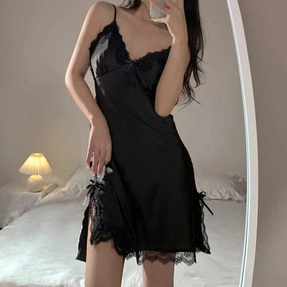 Sexy Lace V Neck Lingerie Dresses Women Night Dress Satin Sleepwear Lace Up Sleepwear Sleeveless Night Gown Bathrobe Nightdress - A-1 Thread Vault