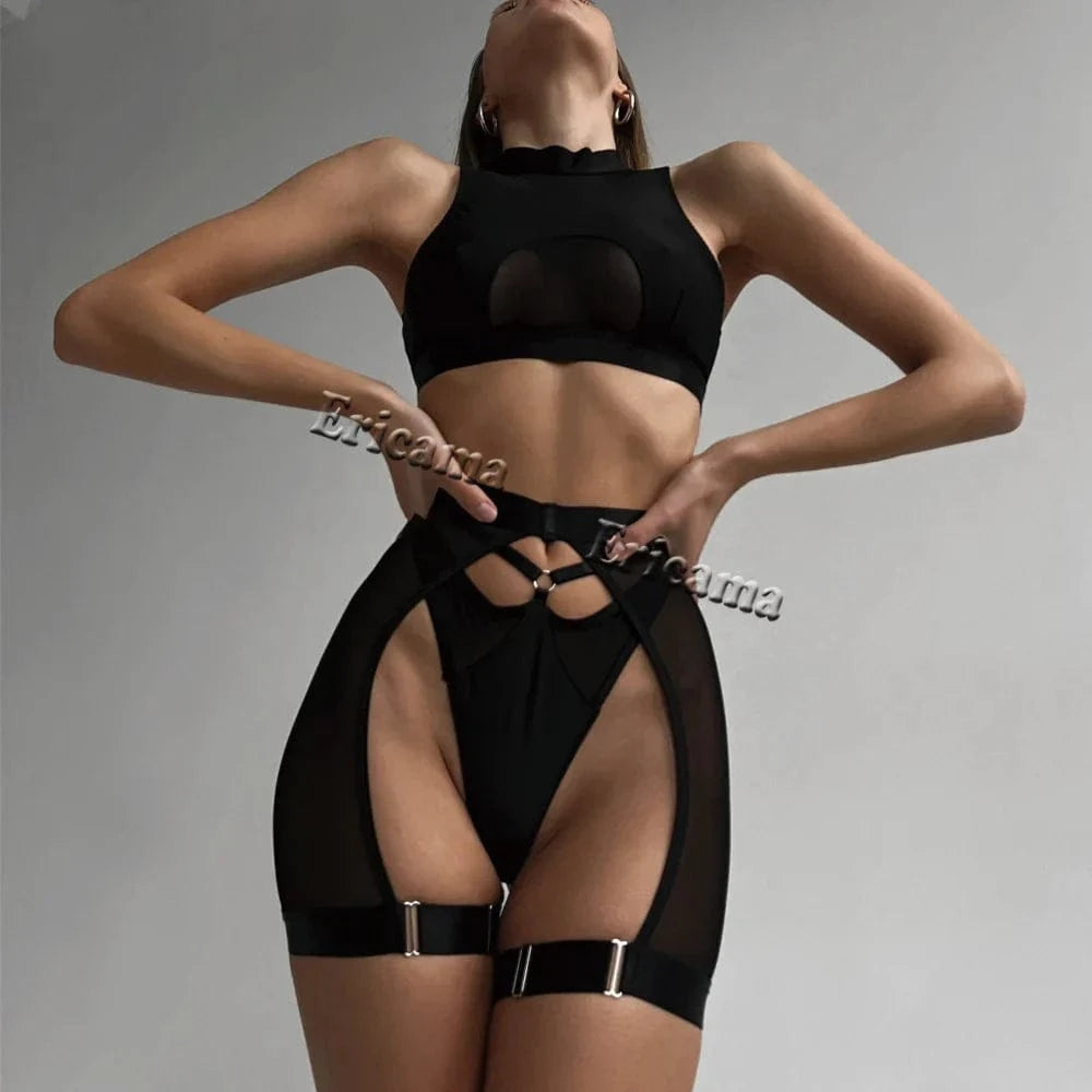 Sexy Lingerie Set Woman 3 Pieces Vest Top Seamless Underwear Garter Belt Set Thong Black Intimate Exotic Sets - A-1 Thread Vault