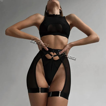 Sexy Lingerie Set Woman 3 Pieces Vest Top Seamless Underwear Garter Belt Set Thong Black Intimate Exotic Sets - A-1 Thread Vault