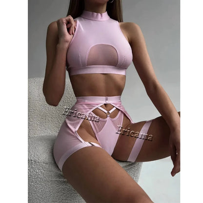Sexy Lingerie Set Woman 3 Pieces Vest Top Seamless Underwear Garter Belt Set Thong Black Intimate Exotic Sets - A-1 Thread Vault