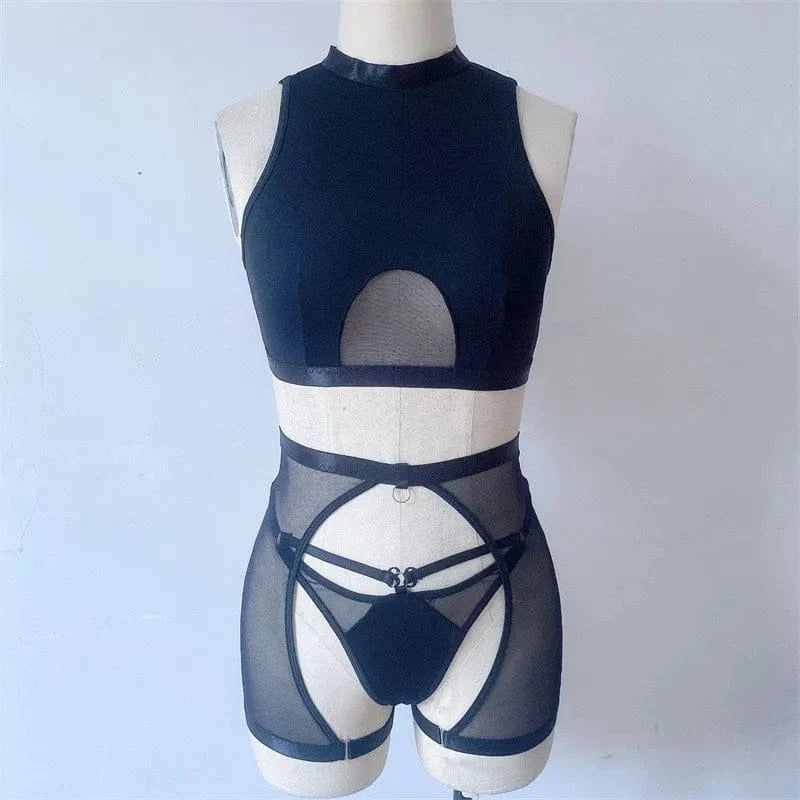 Sexy Lingerie Set Woman 3 Pieces Vest Top Seamless Underwear Garter Belt Set Thong Black Intimate Exotic Sets - A-1 Thread Vault