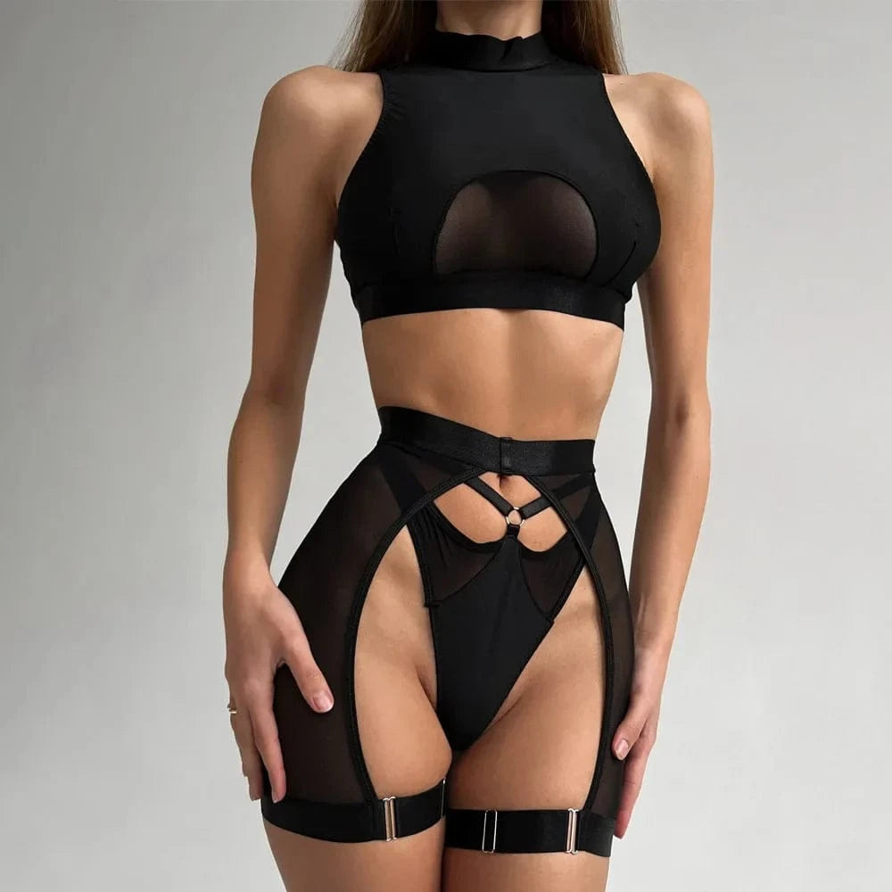 Sexy Lingerie Set Woman 3 Pieces Vest Top Seamless Underwear Garter Belt Set Thong Black Intimate Exotic Sets - A-1 Thread Vault