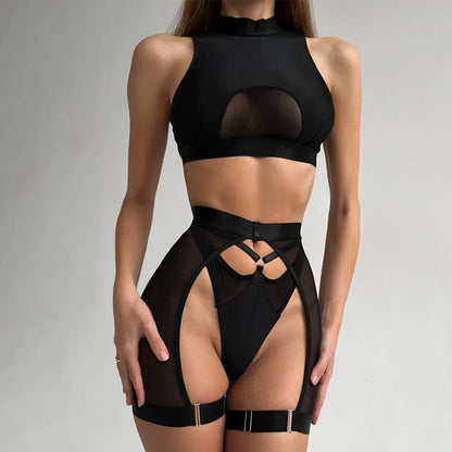 Sexy Lingerie Set Woman 3 Pieces Vest Top Seamless Underwear Garter Belt Set Thong Black Intimate Exotic Sets - A-1 Thread Vault
