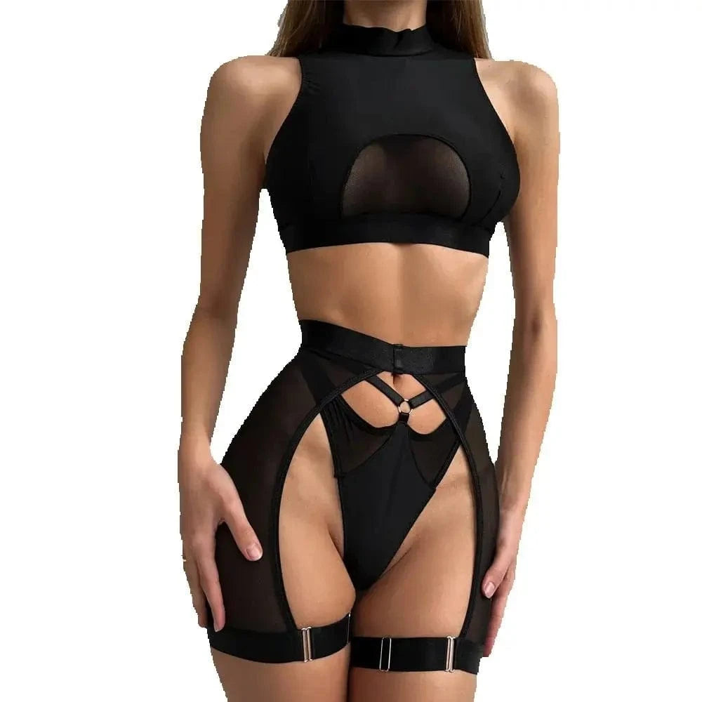 Sexy Lingerie Set Woman 3 Pieces Vest Top Seamless Underwear Garter Belt Set Thong Black Intimate Exotic Sets - A-1 Thread Vault