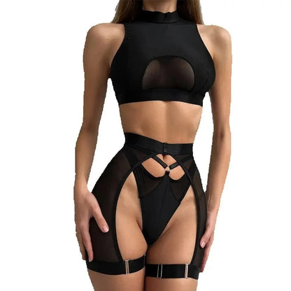 Sexy Lingerie Set Woman 3 Pieces Vest Top Seamless Underwear Garter Belt Set Thong Black Intimate Exotic Sets - A-1 Thread Vault