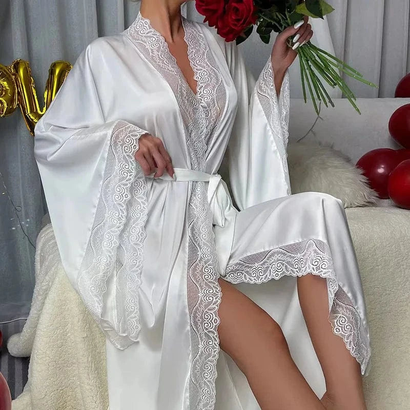 Sexy Long Solid Lace Patchwork Silk Satin Bathrobe Women Flare Sleeve Loose Court Style Nightwear Lace Trim Robes Loungewear - A-1 Thread Vault