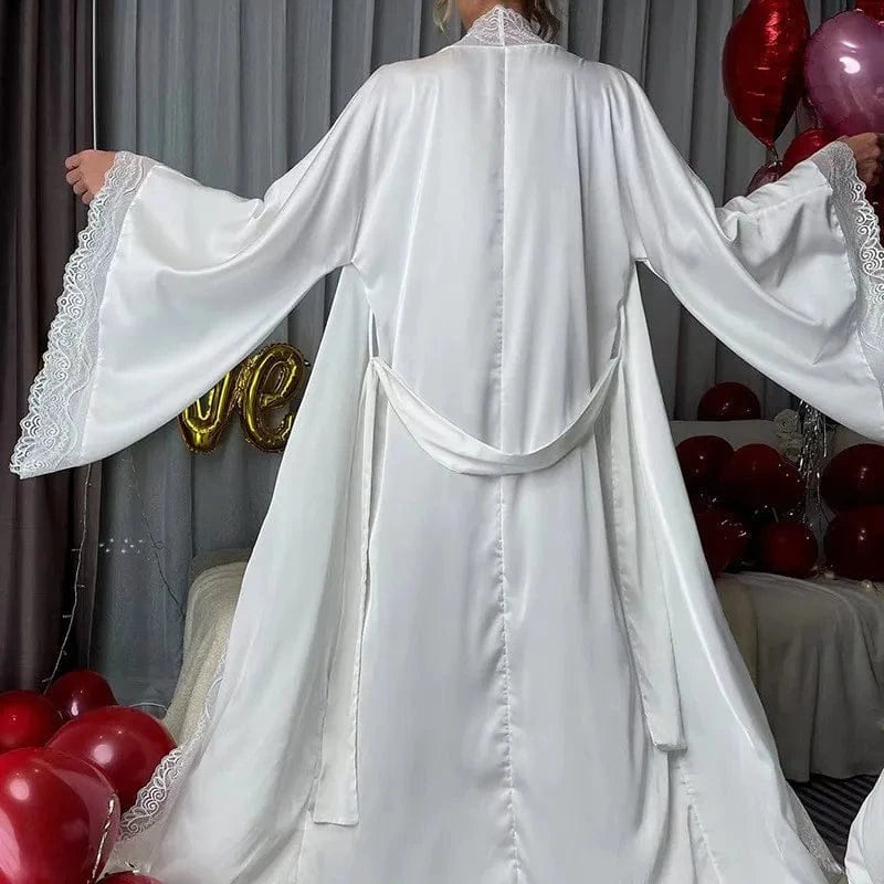 Sexy Long Solid Lace Patchwork Silk Satin Bathrobe Women Flare Sleeve Loose Court Style Nightwear Lace Trim Robes Loungewear - A-1 Thread Vault