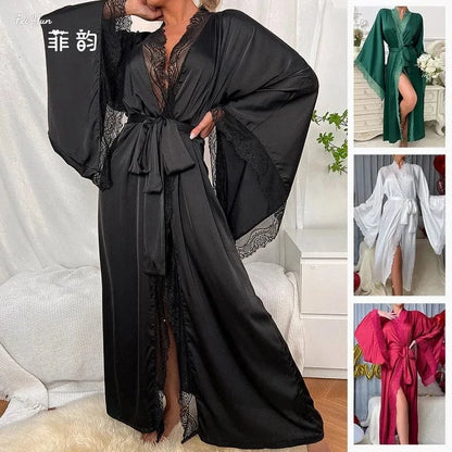 Sexy Long Solid Lace Patchwork Silk Satin Bathrobe Women Flare Sleeve Loose Court Style Nightwear Lace Trim Robes Loungewear - A-1 Thread Vault